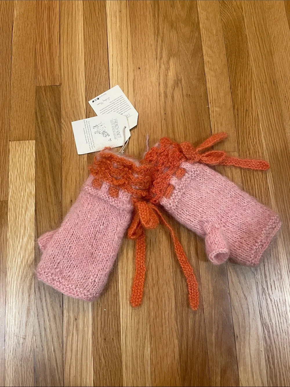 NEW French Knot Handknit Pink & Orange Mohair Handwarmer Gloves with Bow Detail